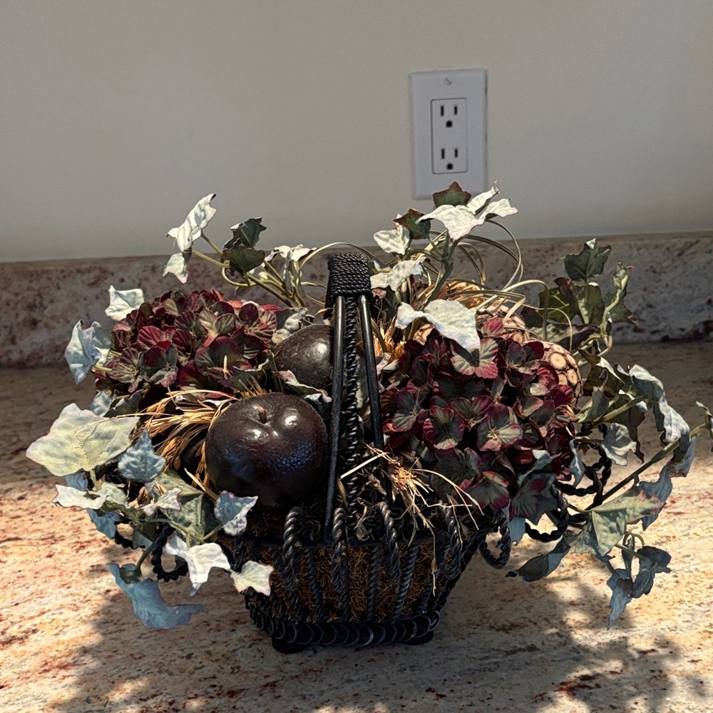 Charming Black Metal Basket with Faux Foliage